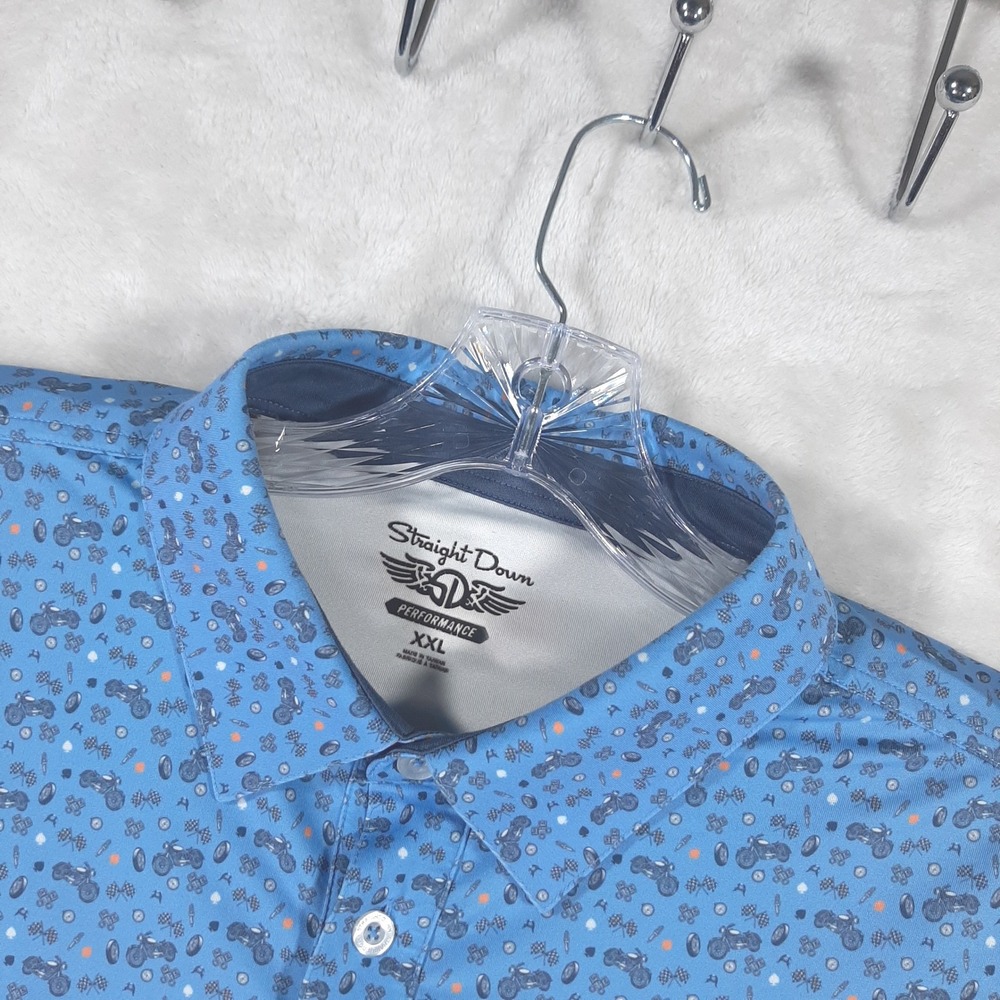 Straight Down Performance Mens XXL Blue Motorcycle Print Golf Polo Shirt XXL